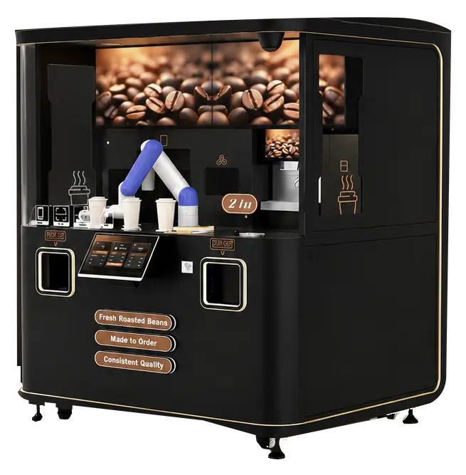 Freigestelltes Premium-Roboter-Kaffeesystem von Automaten Föhn mit sichtbarem Roboterarm